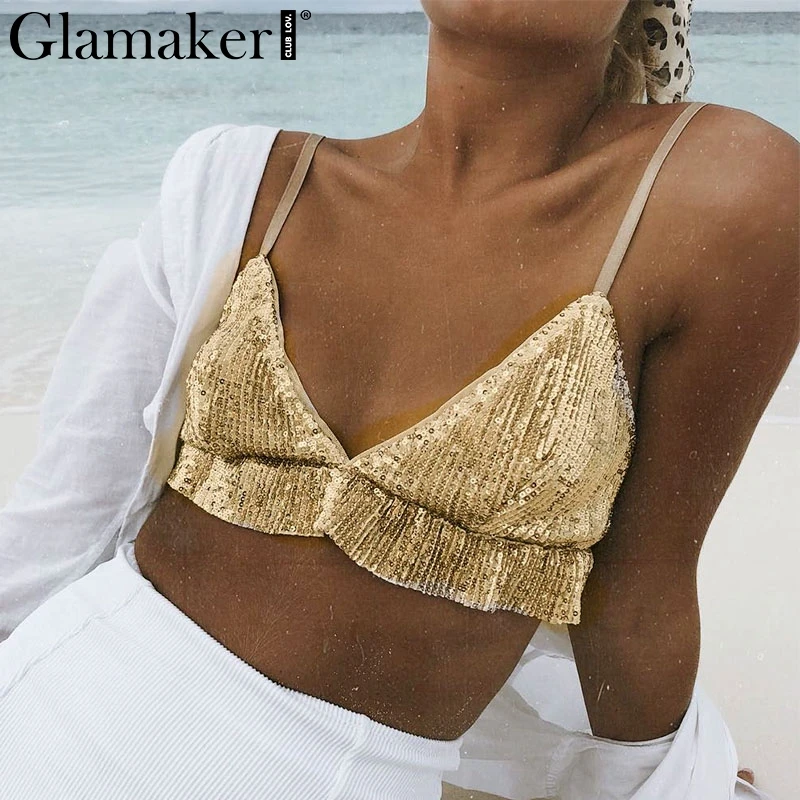 

Glamaker Sequin deep v neck cami top Women bra tops backless sexy crop top Female summer party sling camisole tank tops & tees