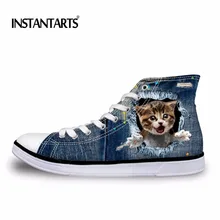 INSTANTARTS/Лидер продаж; женская уличная прогулочная обувь; классическая парусиновая обувь с высоким берцем; милые женские кроссовки для бега с принтом кота из джинсовой ткани