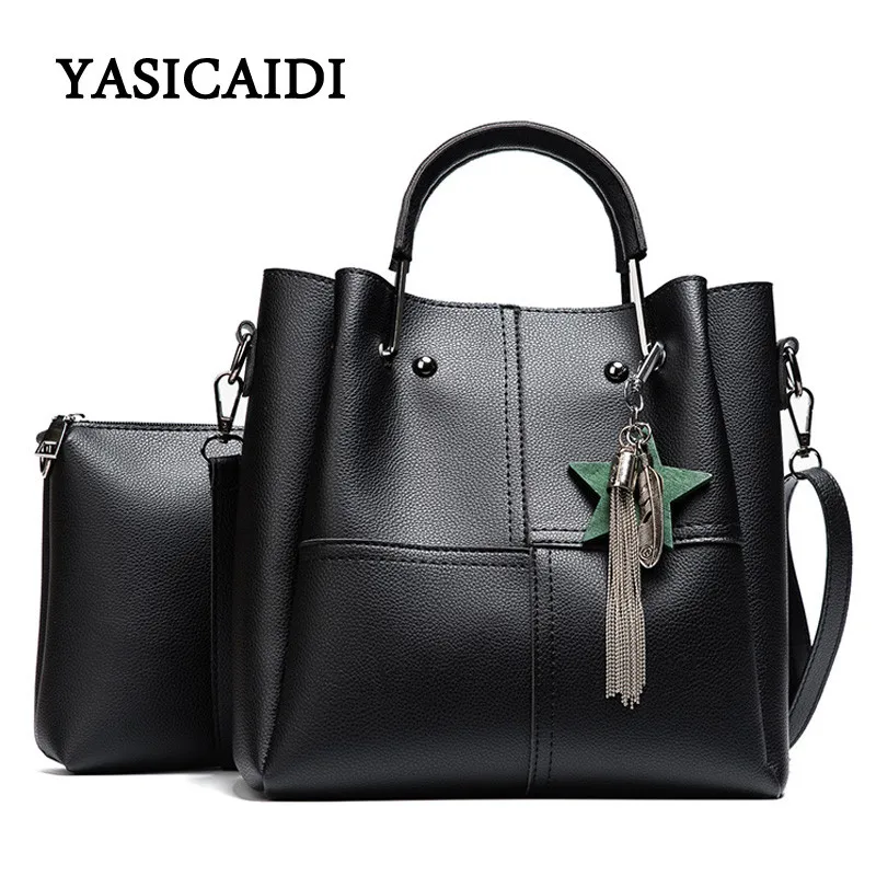 Striped Patchwork Women Shoulder Bags Fashion Pu Leather 2pcsComposite Bag Famous Designer Brand Tassel Female Handbag