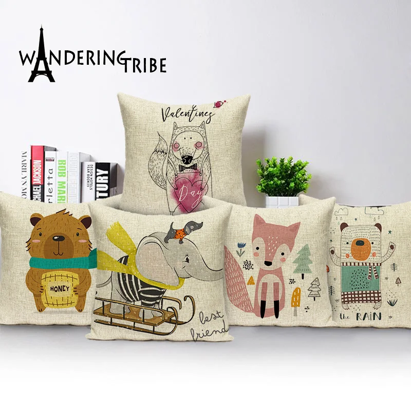 

Animal Cartoon Cushion Cover Farmhouse Home Throw Pillows Elephant Fox Linen Pillowcase 45*45 Living Room Sofa Cushions Flax