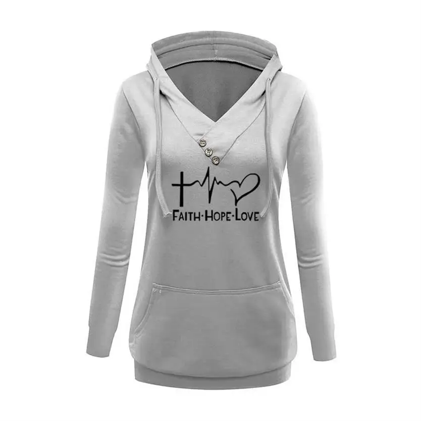 Hoodies For Women Buckle V-Neck  FAITH HOPE LOVE Letters Print Kawaii Hoodies Femmes Sweatshirts Youth Cotton