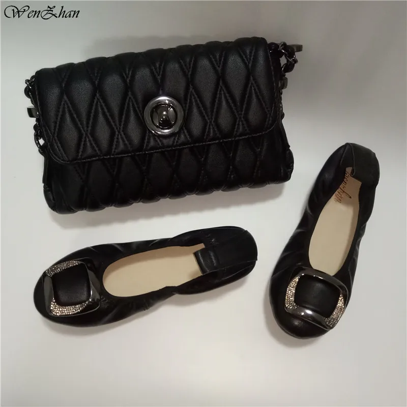 

Black Soft Bottom Dancing Leather Shoes With Matching HandBag WENZHAN slip on flexible style For MAMA Grils Both Good A93-8