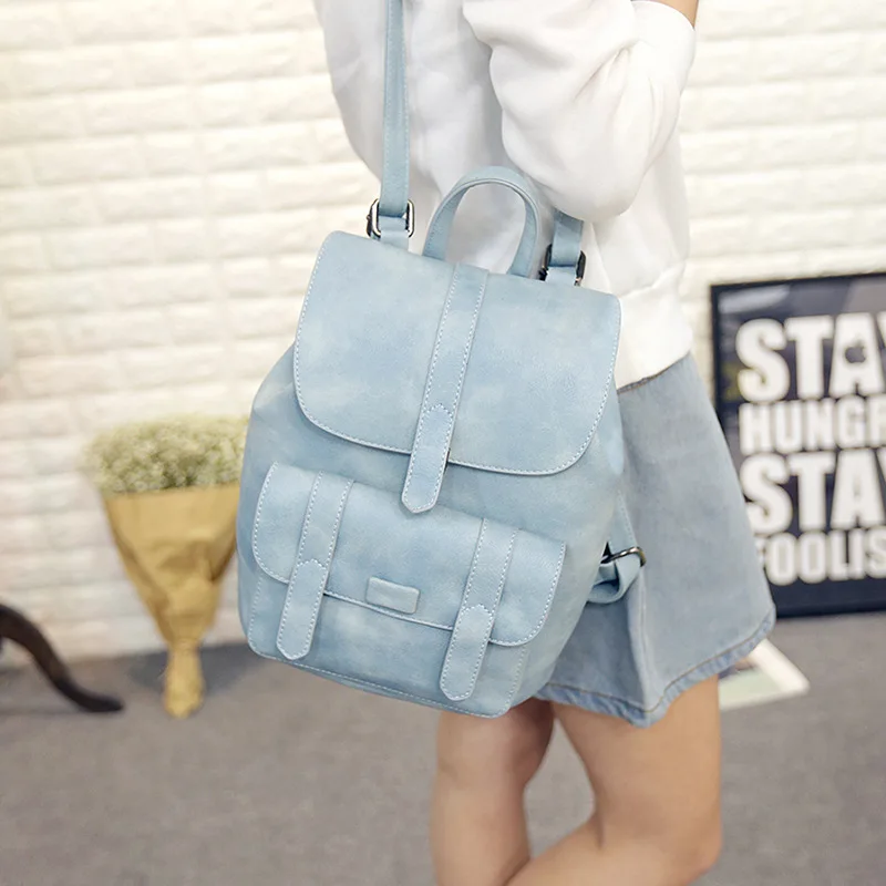 Женский рюкзак от известного бренда, Одноцветный винтажный школьный рюкзак для девочек, черный/серый/синий женский рюкзак из искусственной кожи, Новинка - Цвет: blue