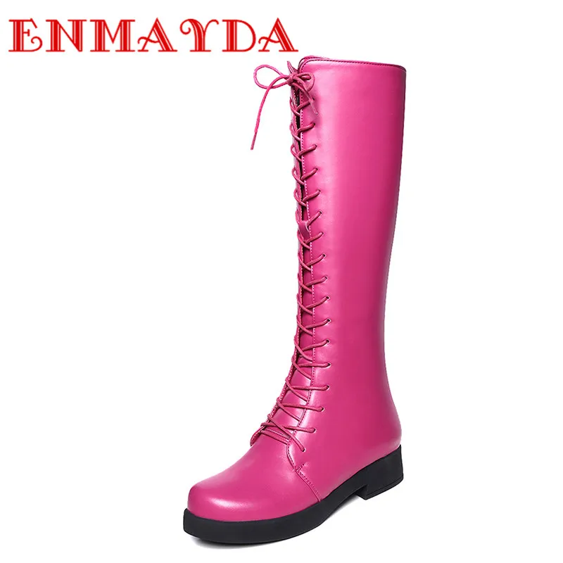 

ENMAYDA Fashion Grils Motocycle Boots Low Heels Half Boots Women Flats Lace-up Knight Boots Black Red Sweet Platform Shoes