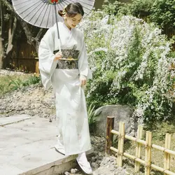 Светло зеленый Женский кимоно халат Национальный японский юката с Оби Элегантный длинным рукавом Девушка Повседневное платье маскарадный