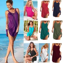 Летнее сексуальное пляжное платье, женская накидка бикини, однотонная цветная оборка, свободный сарафан без рукавов, короткая юбка, пляжная одежда