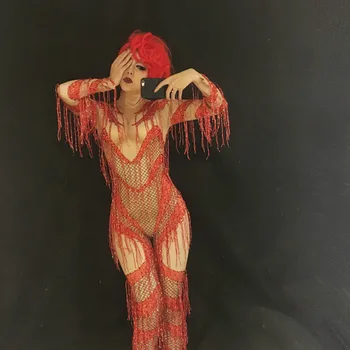 

Sparkly Red Crystals Tassel Jumpsuit Female Singer Rhinestone Stage Performance Dance Wear Prom Party DJ DS Sexy Skinny Clothes