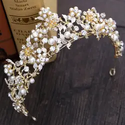Великолепный золотой волос диадемы свадебные венцы 2018 жемчуг горный хрусталь барокко заставки Банданы для мужчин Свадебные торжества