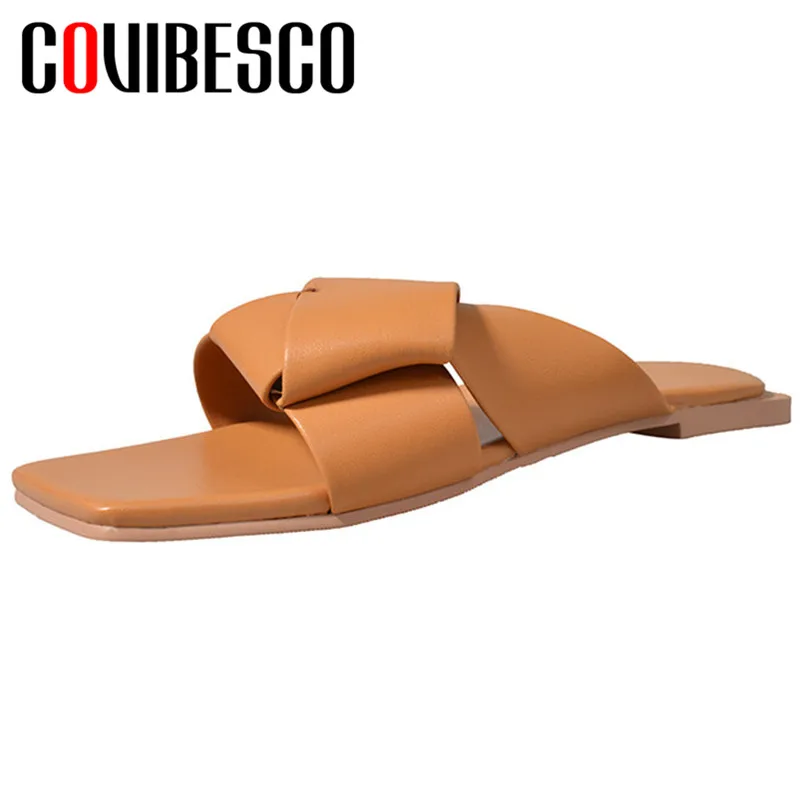 

COVIBESCO 2019 New Elegant Genuine Leather Women Sandals Fashion Butterfly-knot Cusual Shoes Woman Square Toe Basic Women Flats