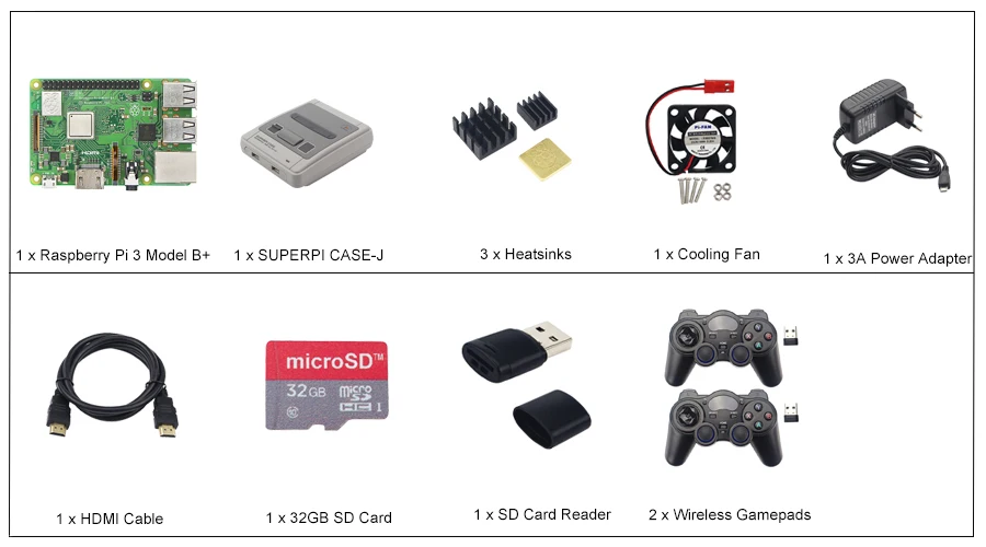 Игровой Комплект Raspberry Pi 3 Model B Plus+ блок питания+ sd-карта 32 ГБ+ кабель HDMI+ теплоотвод+ чехол NESPi Retropie 3B Plus