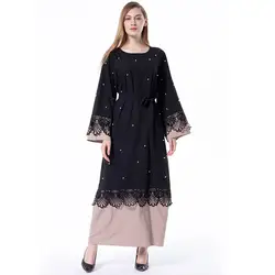 Мусульманские женские с длинным рукавом Макси-платье типа кафтан abaya кружева ислам Дубаи арабский халат повседневные однотонные кружевные