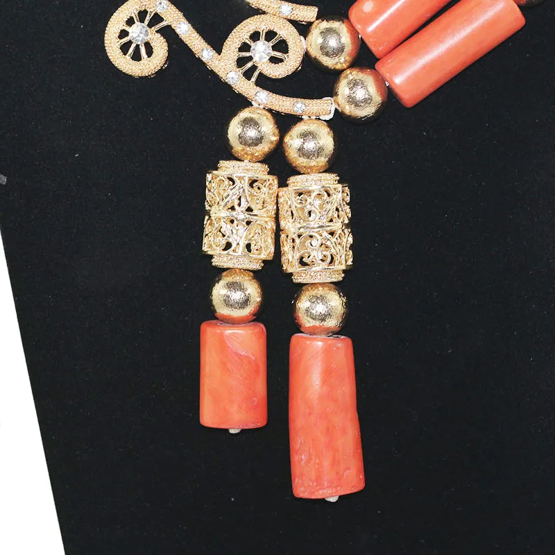 Модный Ювелирный Набор африканские коралловые бусины эксклюзивный настоящий кулон Коралл свадебное ожерелье набор медные золотые аксессуары ABH554