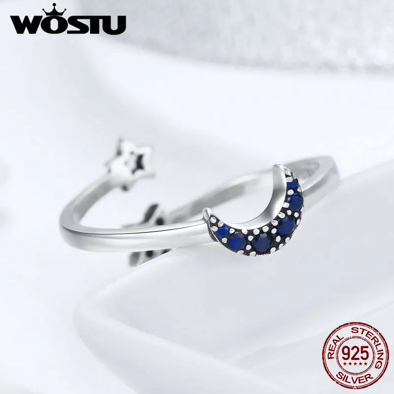 WOSTU, Настоящее серебро 925 пробы, Ослепительная Луна и звезда, открытые, кольца на палец для женщин, ювелирные изделия с кристаллами, Рождественский подарок CQR437