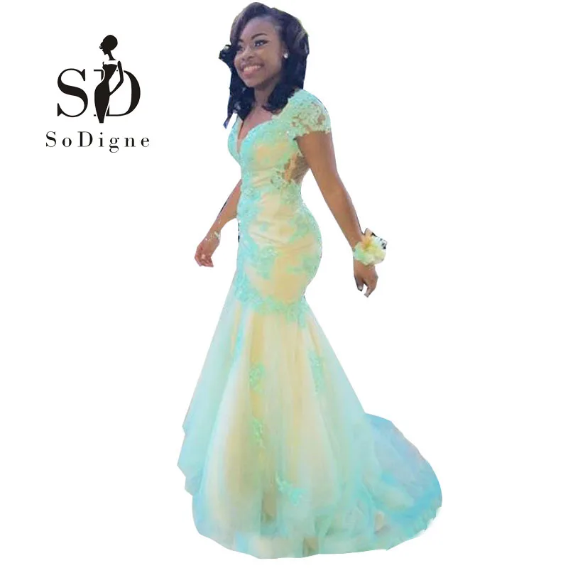 SoDigne Mint Green Prom Dress V Neck African Black Girl Appliques Lace
