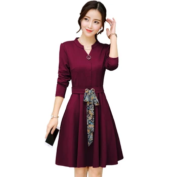 

autumn outfit new korean fashion women posed mother waist bow dress leisure base clothes vestidos long sleeve solid v neck M-3XL