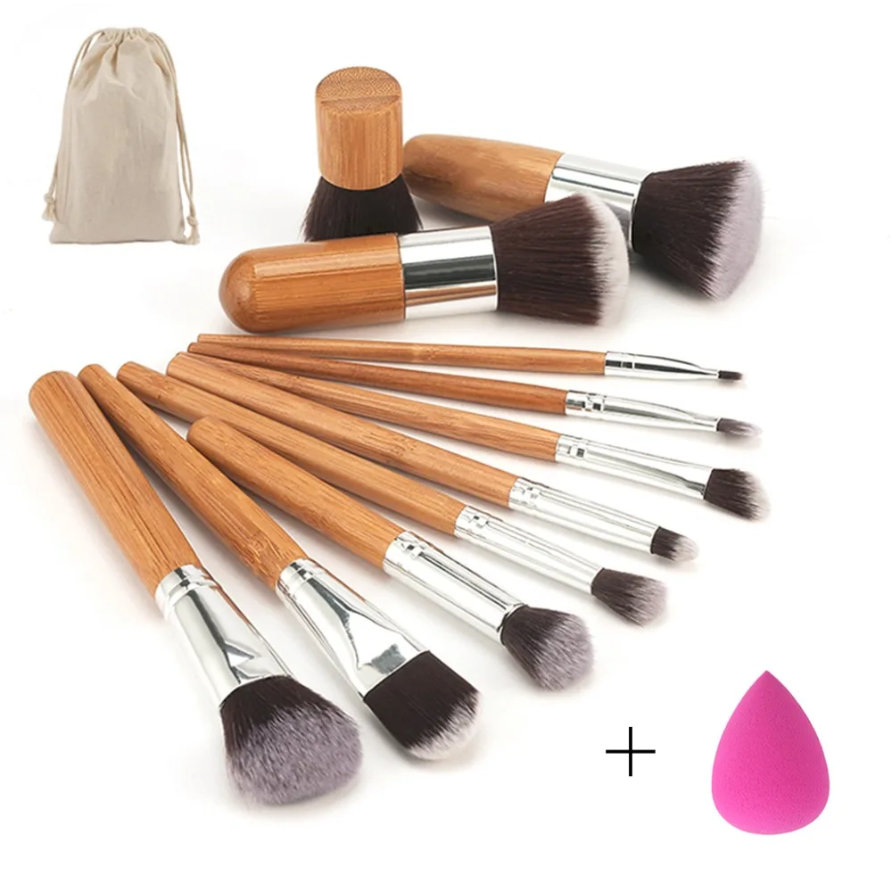 

11 pcs/set Bamboo Handle Makeup Brushes Set Kit Eyeshadow Concealer Blush Foundation Brush With Blending Cosmetic Sponges Puff