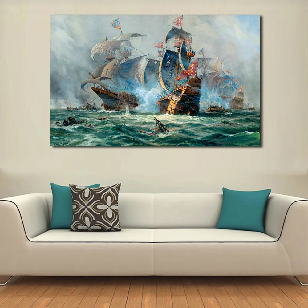 

JQHYART Naval Battle Oil Painting Canvas Art Paintings For Living Room Wall No Frame Decorative Pictures