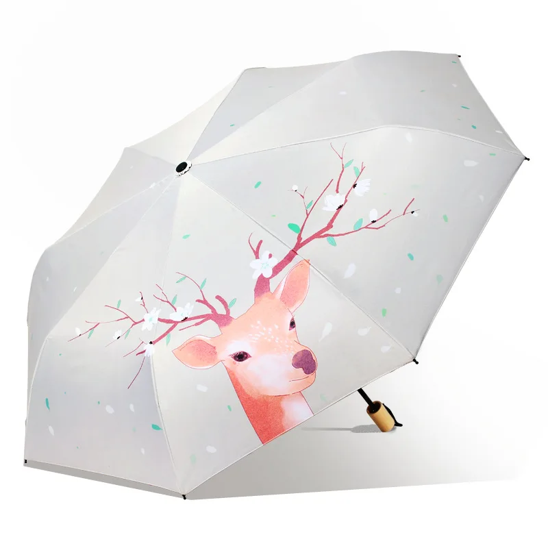 

Cute Women Rain Umbrellas Deer Print Three-folding Womens Umbrella Anti UV Sun Parasol