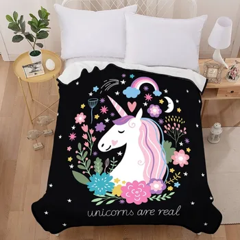 

100% Polyester Unicorn Blanket Girls White Unicorn Floral Leaf Rainbow Hoop Black Fleece Blanket Black Sherpa Blanket 150X200cm