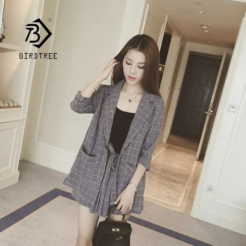 Online Trajes de pantalón corto a cuadros informales de verano 2019 conjunto de 2 piezas de bolsillo de botón único con lazo con muescas para mujer gran oferta S95514Z