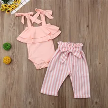 Одежда для маленьких девочек полосатая повязка, штаны с открытыми плечами на бретельках, однотонное Боди без рукавов с оборками, летняя одежда из 2 предметов