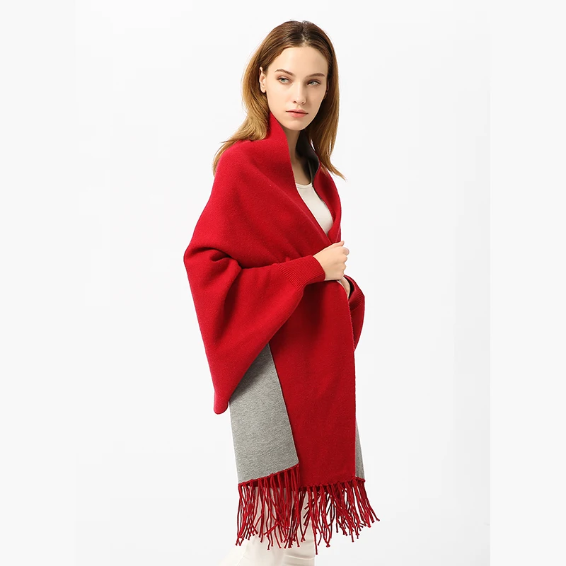 Solid Knit Women Capes Ponchos Elegant Tassels Batwing Sleeve Two Tone Scarf Shawl Outwear Female Capes Spring Cape Poncho