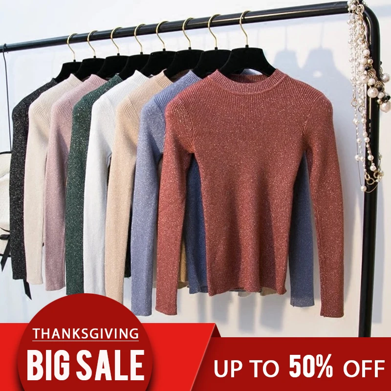 

PINBEIQI New Shiny Autumn Winter Sweater Women Long Sleeve Pullover Women Basic Sweaters Women 2018 Korean Style Knit Tops Femme