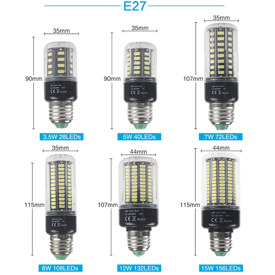 Светодиодная лампа, светодиодная лампа E14, 220 В, 3W, 5 Вт, 7 Вт, 8 Вт, 12 Вт, 15 Вт, Светодиодная лампа E27 без затемнения, кукурузная лампа 5736 SMD, более яркая, чем SMD 5730, без мерцания