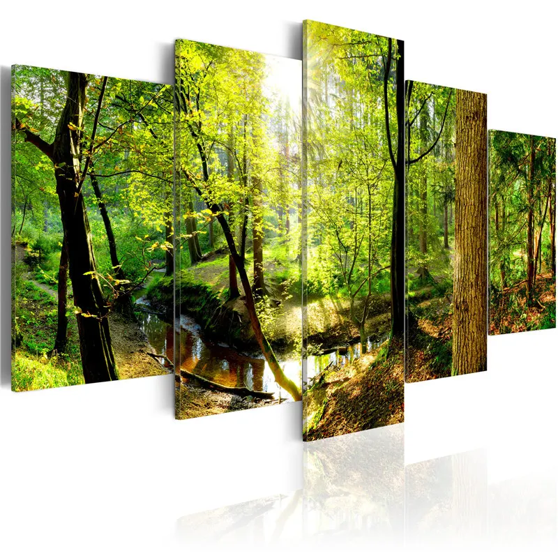 

Natural Landscape Wall Art Trees Creek Canvas Painting Sunshine Poster 5 Pieces Forest Pictures for Living Room Home Decor