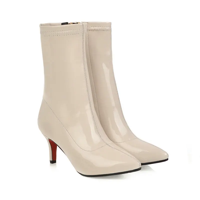 TXCNMB Boots Women High Quality Sewing Short Plush Winter Shoes Thin High Heels Mid-calf Boots Ladies Boots Size 34-43