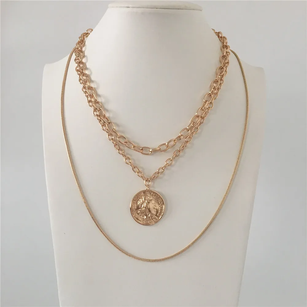 

TRENDY GOLD COLOR PLATING COIN PENDANT WITH LAYERED NECKLACE FOR WOMEN GIRL