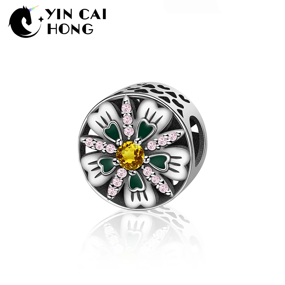 

YCH 100% 925 Sterling Silver Colorful Implied Fresh Zirconia Geometric Flowers Pentagram Leaves Beaded Charm Original Jewelry