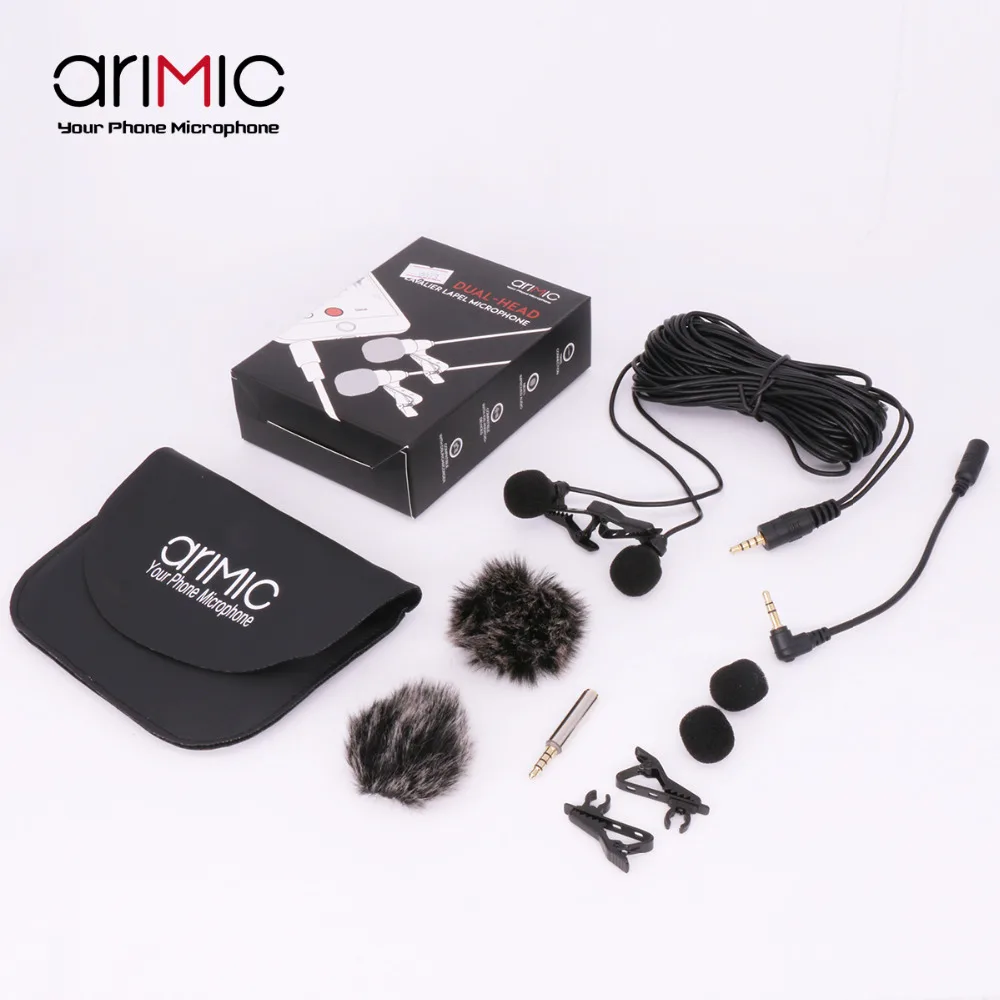 

AriMic Dual Heads Microphone 6M Clip-on Omnidirectional Condenser Lavalier Mic with Adapter Cable for Smart Phone DSLR Camera PC