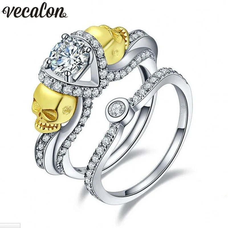 Vecalon Women Gold Skull Jewelry 2ct Simulated Diamond Cz 925 Sterling silver Wedding Band Ring Set