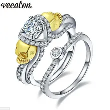 Vecalon Mujeres Joyas De Oro Del Cráneo 2ct Diamante Simulado Cz 925 Sterling silver Wedding Band Set Anillo para Las Mujeres anillo de Dedo Hembra anillo