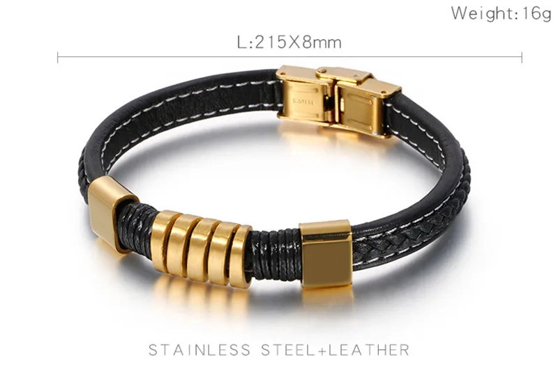 Kalen, итальянский, золотой цвет, кожаные браслеты для мужчин, модные, нержавеющая сталь, 22 см, дешевые, плетеные, кожаные браслеты, бижутерия - Окраска металла: KB110140-JR