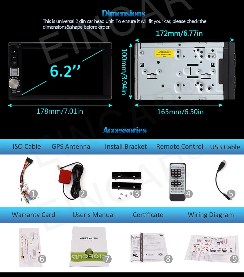 Discount 6.2" Android 6.0 Car GPS Navigation Stereo Muti-Media Radio Auto Stereo Bluetooth DVD Player Quad Core for Universal Double 2din 5