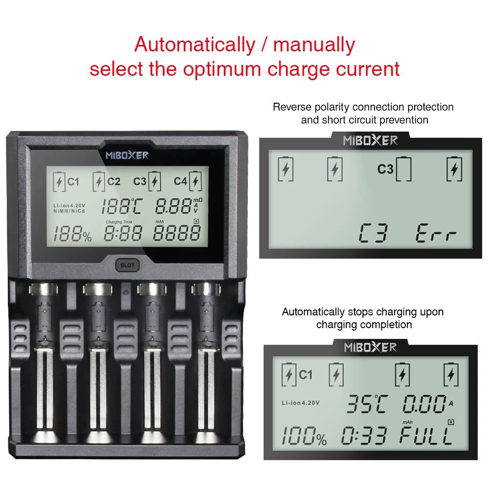 Miboxer 4 слота 100mA 800 мА/ч, 3A ЖК-дисплей Экран Батарея Зарядное устройство для батарей Li-Ion(литий-ионных)/никель-металл-гидридный/никель-кадмиевый 18650 14500 26650 AAA AA аккумуляторные батареи