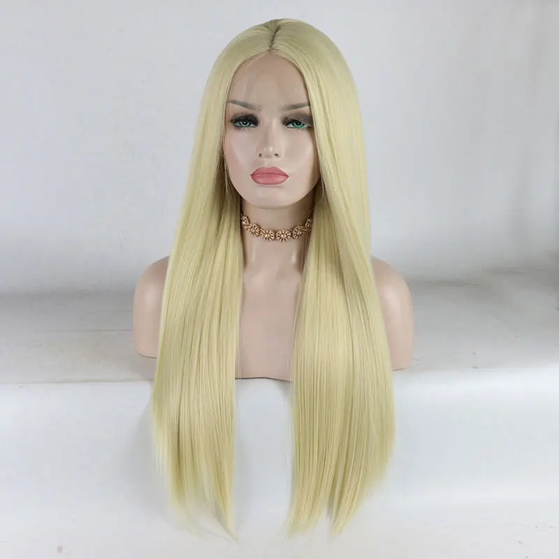 

Bombshell Blonde Color #613 Yaki Straight Synthetic Hair Lace Front Wig Glueless Heat Resistant Fiber Middle Parting For Women