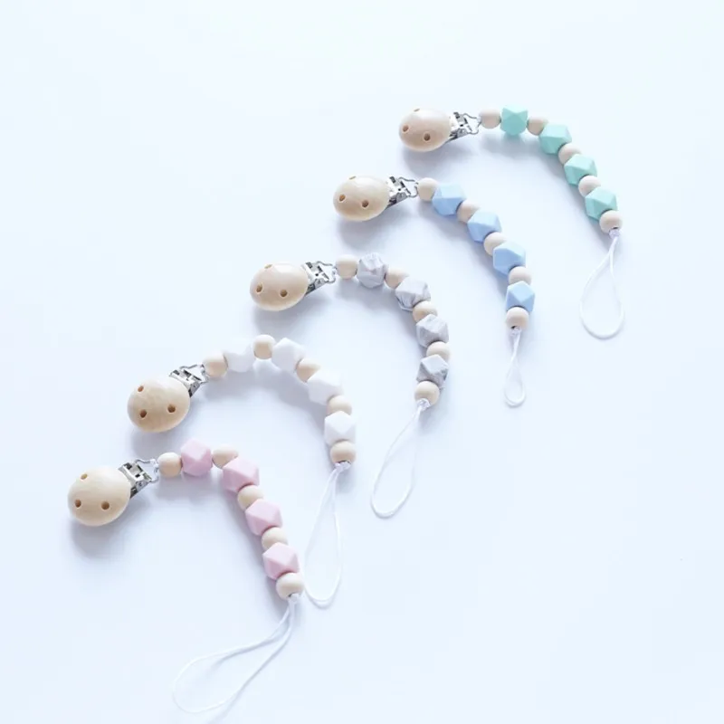 Baby Teething Pacifier Clips chain Safe beads Wood Silicone pacifier