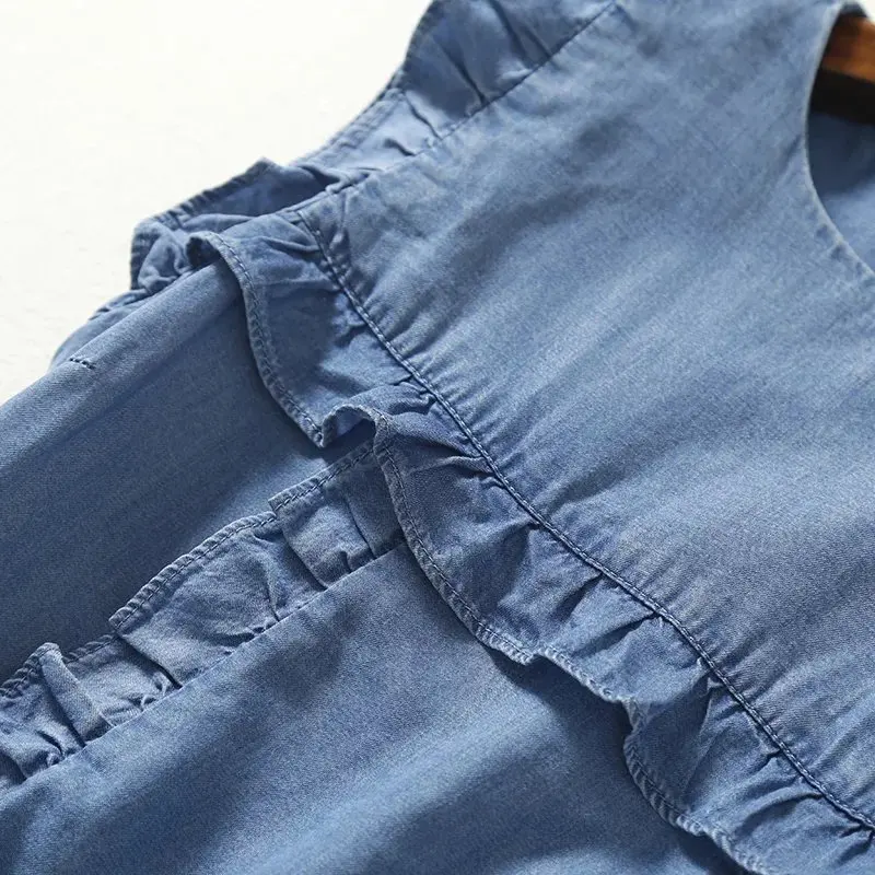 high waist sleeveless mini soft jeans dress frilled women ruffles casual summer sundress short denim beach dress cotton