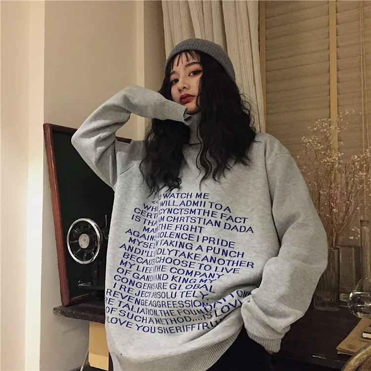 

Sexy Letter Funny English Print Turtleneck Loose Pullover Sweater Korean Streetwear Fashion Contrast Knit Knitwear Top Oversized