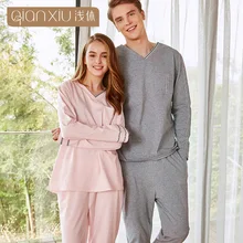 Qianxiu Мужская Хлопковая пижама осень v-образный вырез с длинным рукавом для отдыха Пижама Мужская Однотонная ночная рубашка мужская плюс размер пижамы брюки для мужчин S