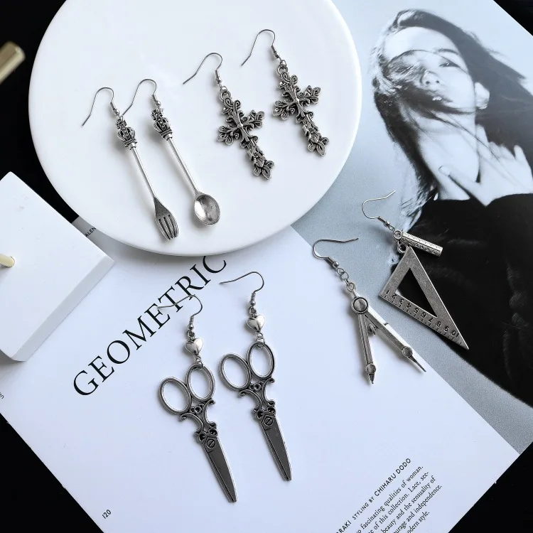 A174 Punk Retro Statement Big Silver Harajuku Spoon Fork Triangle Ruler Scissors Earings Women Jewelry Bijuteria Gifts | Украшения и
