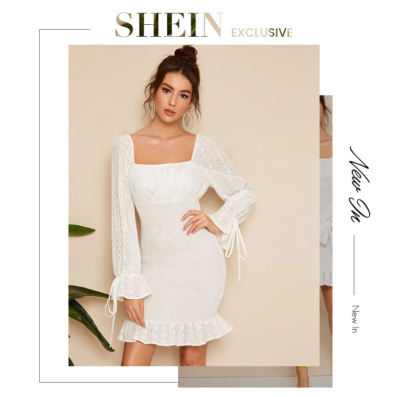 SHEIN Оригинальное Платье В Стиле 80-х С Квадратным Вырезом, Легкое Летнее Облегающее Платье С Ажурными Рукавами