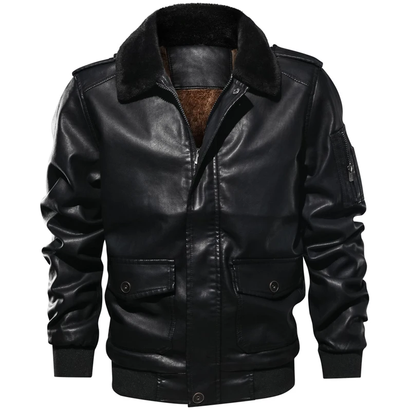 

Fur Leather Jacket Men Casual Turn Down Collar European Size Retro PU Flight Jackets Man Fashion Fleece Warm Faux Leather Coats
