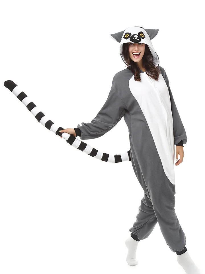 

Animal Ring-tailed Lemur Cosplay Pajamas Adult Long Tail Monkey Onesies Women Men Carnival Halloween Costume Jumpsuit Plus Size