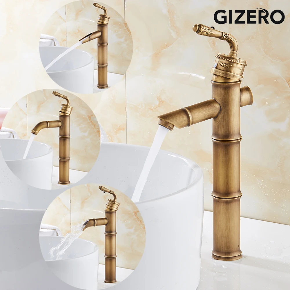 

Bathroom Tall Basin Faucet Antique Brass Single Handle Basin Sink Mixer Tap Hot and Cold Water Bamboo Design Water Taps ZR238