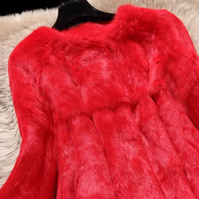 Пальто с натуральным кроличьим мехом, женское осенне-зимнее пальто с карманами, тонкое, средней длины, с полным мехом, верхняя одежда, Женская куртка, большой размер - Цвет: red