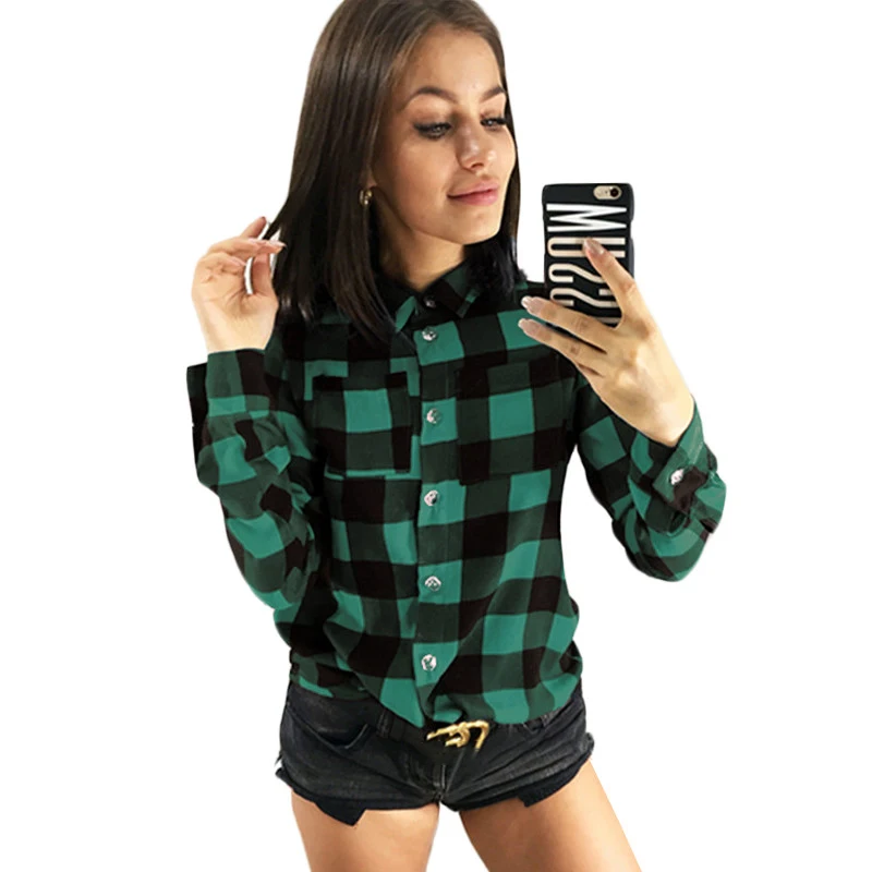 

Shirts Women 2019 Classic Plaid Office Ladies Shirt Green Red Turn-down Collar Long Sleeve Blouses Plus Size Tops Clothing Woman